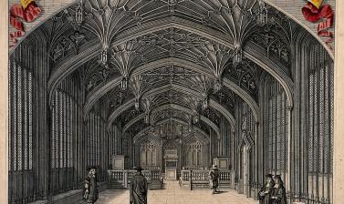 divinity school oxford interior of hall with coat of arms wellcome v0014104
